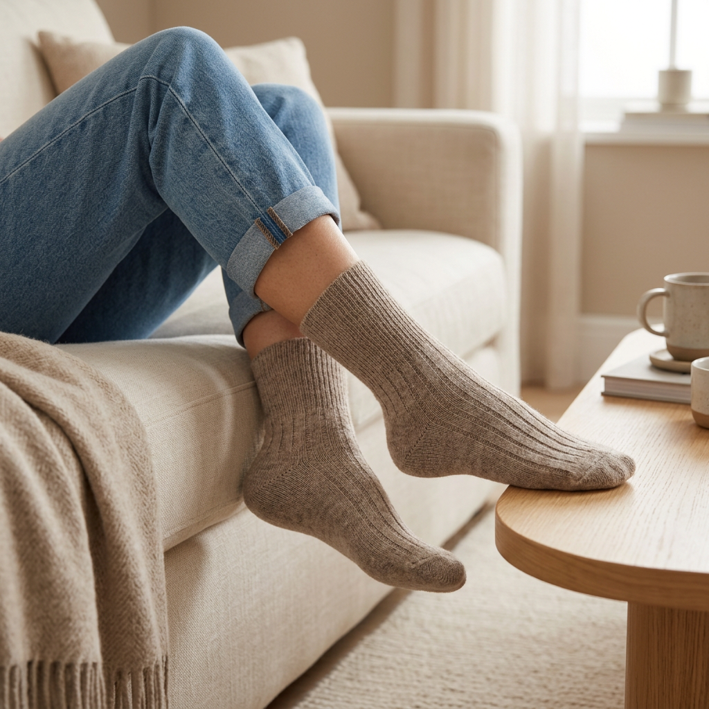 Damen-Kollektionsbild mit beigefarbenen Alpakasocken auf einem hellen Sofa