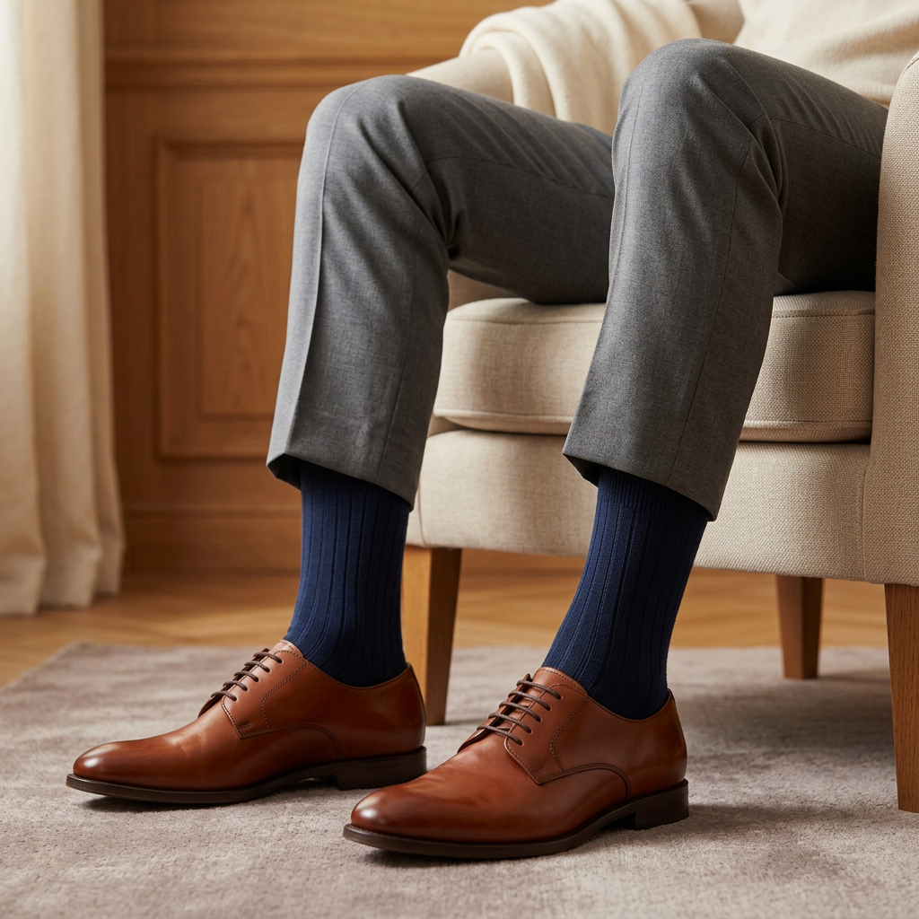 Herren-Kollektionsmotiv mit dunkelblauen Businesssocken und braunen Lederschuhen