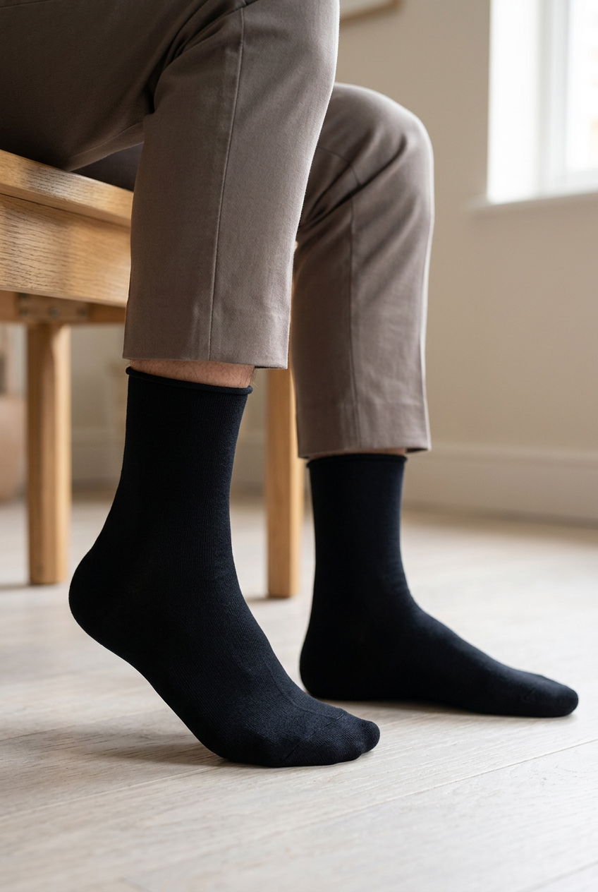 Schwarze Herren-Frotteesocken mit Fokus auf dem weichen Abschluss