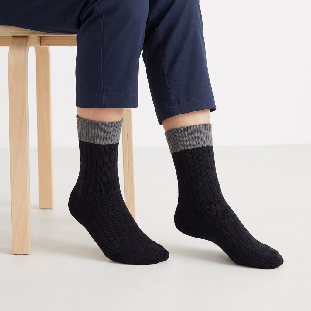 Tragebild im vorherigen Stil mit dunklen Socken und grauem Bündchen